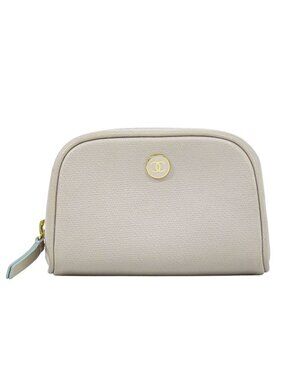 Chanel Coco Button Pouch Case Leather Grey